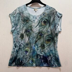 Lavish Plus Peacock Print Top Womens 1XL Blue Green Rhinestone Cap Sleeve Casual